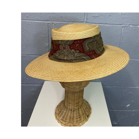 Vintage 1980s Natural Straw Fedora Sun Hat Bloomingdales Italy Silk Paisley main image 11